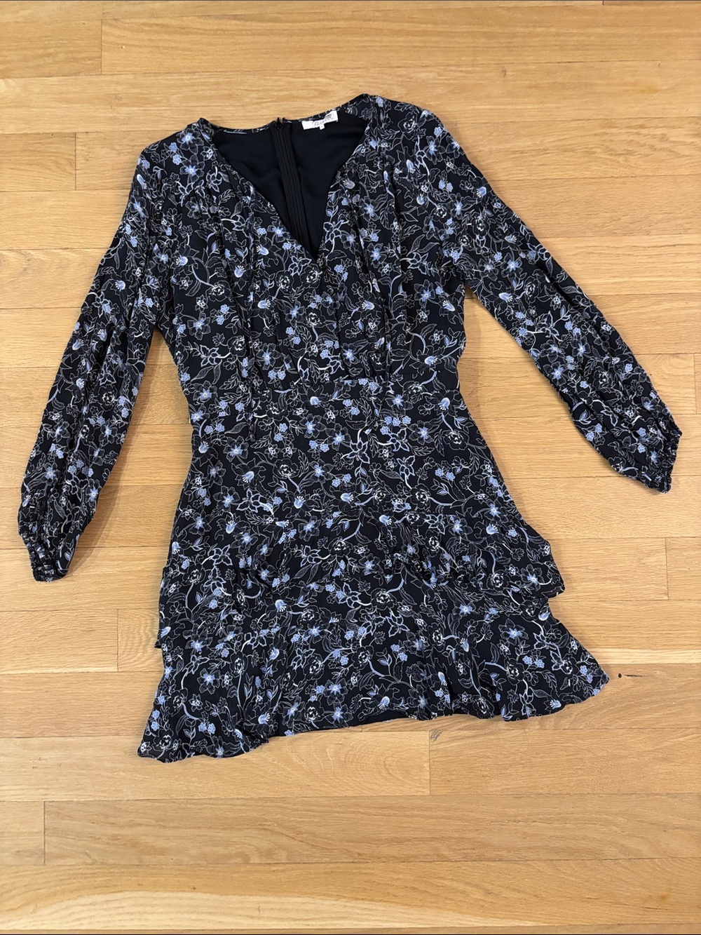 Parker Marengo Silk Blend Floral A-line Dress Medium 8 Long Sleeve Black Blue - Picture 3 of 16
